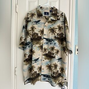 Caribbean Joe Island Supply Shirt XXL 100% Silk Hawaiian Palm Trees Airplanes